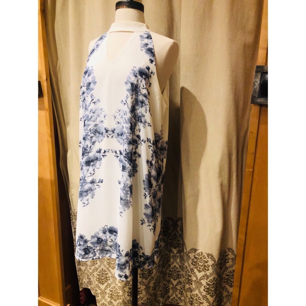 White high neck floral shift dress